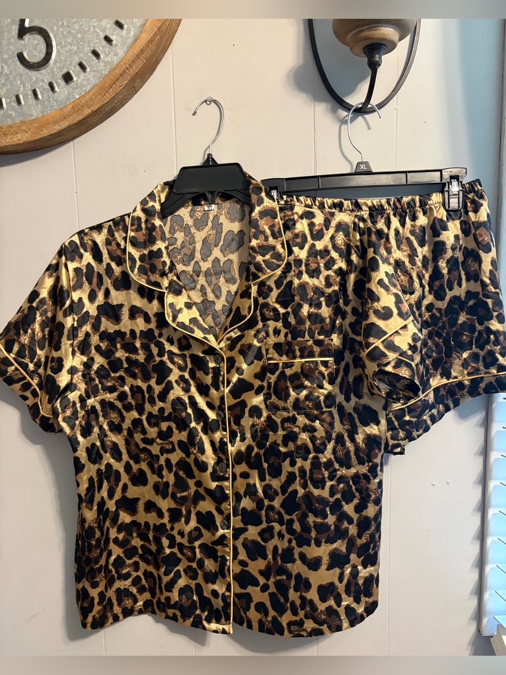 Leopard Satin Short Sleeve Pajama Top and Shorts Set - Gold